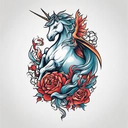 Dragon Unicorn Tattoo - Mythical tattoo featuring a dragon and a unicorn.  simple color tattoo,minimalist,white background