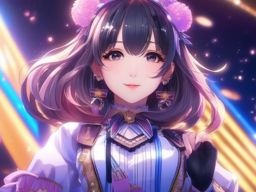 Kawaii anime idol, performing on a dazzling stage, captivating the audience with a powerful and energetic song.  front facing ,centered portrait shot, cute anime color style, pfp, full face visible