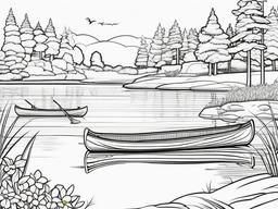 Summer Coloring Pages - Peaceful lakeside view with canoes and ducks  simple coloring pages