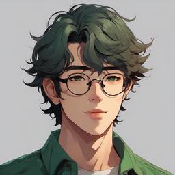 20 year old male with wavy hair with a mullet that goes down to his shoulders and sides that goes until his chin, wearing frameless glasses, green eyes, small nose and small mouth, retro
  front facing ,centered portrait shot, cute anime color style, pfp, full face visible