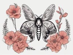 Death Moth Tattoo with Flowers - Combine beauty and symbolism with a tattoo featuring a Death moth surrounded by flowers.  simple vector color tattoo, minimal, white background