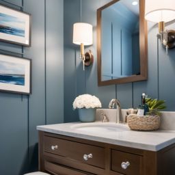 Coastal Powder Room - Coastal vibe to your powder room with nautical decor and soft blues. realistic, professional photography, bokeh, natural lighting, canon lens, shot on dslr 64 megapixels sharp focus