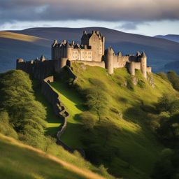 scottish castles, with fortified walls, overlook the highlands of scotland. 