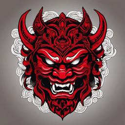 Red Oni Mask Tattoo-Bold and powerful tattoo featuring a red Oni mask, capturing traditional and fierce Japanese aesthetics.  simple color vector tattoo