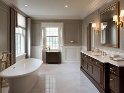 Neoclassical bathroom features simple cabinetry, decorative moldings, and classic finishes that create an elegant and timeless environment.  