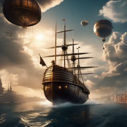 In a steampunk world, airship captain and their crew must navigate through treacherous sky-pirates to reach a floating city.  8k, hyper realistic, cinematic