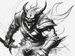 drawing of a demon in battle  minimal rough sketch scribbles,doodles,black and white