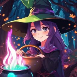 Kawaii anime witch with a pointed hat and a bubbling cauldron, conjuring colorful spells in a magical forest.  front facing ,centered portrait shot, cute anime color style, pfp, full face visible