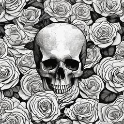 drawing of a skull in a bed of roses  minimal rough sketch scribbles,doodles,black and white