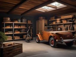 The garage features rustic interior design with organized wooden storage solutions, earthy decor, and vintage accents that make the space both functional and visually appealing.  