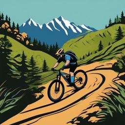 Mountain Bike Trail Clipart - A mountain biker navigating trails.  color vector clipart, minimal style