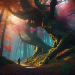 Sentient forest protects its secrets from intruders. hyperrealistic, intricately detailed, color depth,splash art, concept art, mid shot, sharp focus, dramatic, 2/3 face angle, side light, colorful background