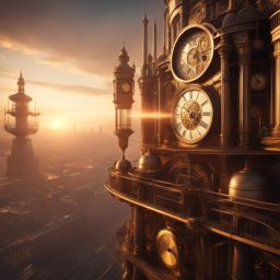 Steampunk cityscape at sunrise with intricate clockwork and 8K resolution