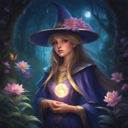 dark magician girl enchanting moonlit flowers in a mystical forest glade. 