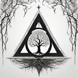 A tattoo of the deathly hallows symbol at the bottom of the roots of a willow tree. A geometric black and white design.   ,tattoo design, white background