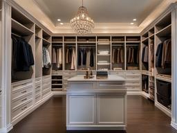 In the walk-in closet, traditional interior design includes elegant cabinetry, classic lighting, and a well-organized layout that create a stylish and luxurious dressing area.  