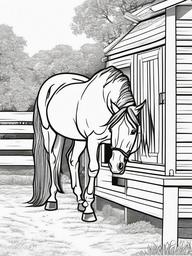 Horse and Stable Coloring Pages - Cozy Horse Relaxing in Its Stable  minimal black outline printable sheet, coloring page