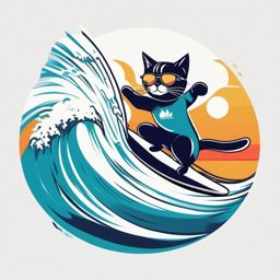 Cat as a surfer catching a big wave  minimalist color design, white background, t shirt vector art