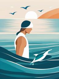 Swimmer clipart - swimmer in the ocean with dolphins nearby  color,minimalist,vector clipart