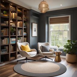 cozy reading nook with built-in bookshelves and a plush reading chair. 