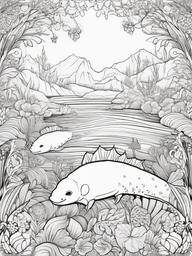 Axolotl Coloring Pages - Axolotl with whimsical decorations around it  simple coloring pages