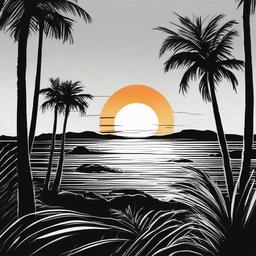 drawing of a sunset with palm trees  minimal rough sketch scribbles,doodles,black and white