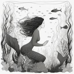 drawing of a mermaid in an underwater kingdom  minimal rough sketch scribbles,doodles,black and white