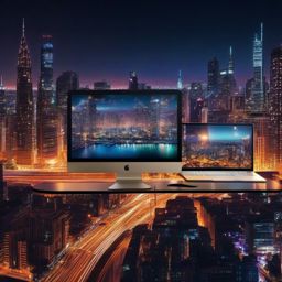 Macbook Desktop Wallpaper - Cityscape Lights at Twilight  wallpaper style, intricate details, patterns, splash art, light colors