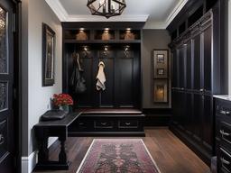 Gothic mudroom incorporates dark wood furniture, rich colors, and dramatic decor that create a moody and inviting space for entering the home.  