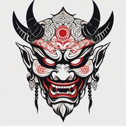 Japanese Tattoo Oni Mask-Traditional tattoo design featuring the iconic Oni mask, rooted in Japanese folklore and symbolism.  simple color tattoo,white background