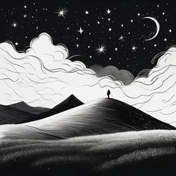 drawing of a hill under a starry sky  minimal rough sketch scribbles,doodles,black and white