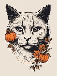 Vintage Halloween Cat Tattoo - Tattoo featuring a vintage-style cat with a Halloween theme.  simple color tattoo,minimalist,white background