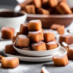 plate of warm, gooey cinnamon sugar churro bites, perfect for dipping in chocolate sauce. 