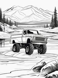 Monster Truck Racing on Ice Coloring Pages - Trucks Sliding Across Frozen Lakes  minimal black outline printable sheet, coloring page