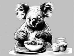 drawing of a koala enjoying a meal  minimal rough sketch scribbles,doodles,black and white