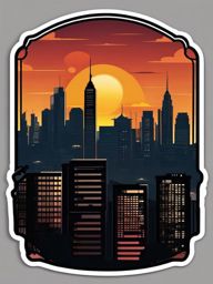 Sunset over city skyline sticker- Urban warmth, , sticker vector art, minimalist design