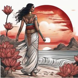 Realistic Egyptian women walking towards a red rising sun with a beach and ocean waves and lotus flowers  ,tattoo design, white background
