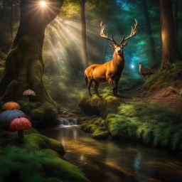 Enchanted forest with mythical creatures and HDR magical lighting