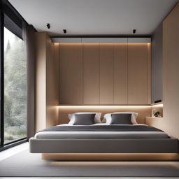 minimalist bedroom with a floating bed and hidden storage. 