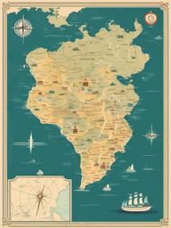 Map Clipart - Vintage map with marked routes and exotic destinations.  color clipart, minimalist, vector art, 