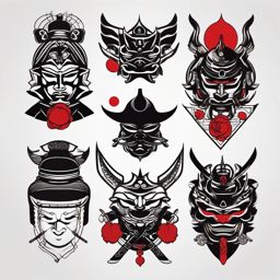 Diverse symbols form a unified samurai tattoo.  color tattoo,minimalist,white background