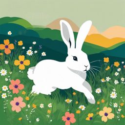 rabbit hopping in meadow of flowers clipart color minimal vector art