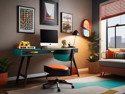 Mid-century modern gamer room features a retro-style gaming chair, a stylish desk, and colorful accents, adding character and nostalgia to the gaming space.  