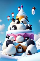 penguins attempting to build the world's largest ice cream cone, piling snowballs precariously. 