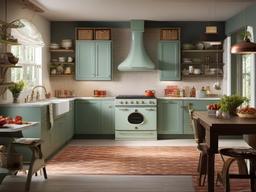 Vintage kitchen incorporates retro appliances, patterned tiles, and nostalgic decor, creating a warm and inviting space for cooking and gathering.  