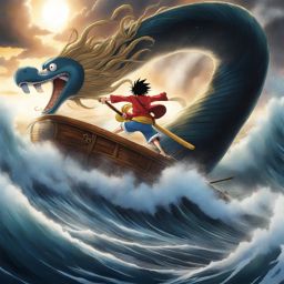 monkey d. luffy battles a sea serpent atop a stormy ocean while aboard the thousand sunny. 