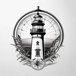 Lighthouse Compass Tattoo - Compass design featuring a lighthouse.  simple vector tattoo,minimalist,white background