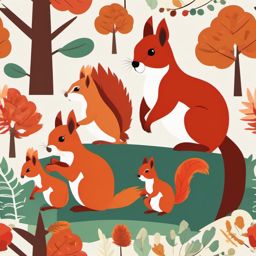 Red Squirrel Family Clip Art - Family of red squirrels in the forest,  color vector clipart, minimal style