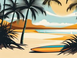 Surfboard Clipart - Surfboard resting in the golden sands of a tropical paradise.  color clipart, minimalist, vector art, 