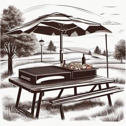 BBQ with a picnic table nearby clipart.  vector style illustration, white background